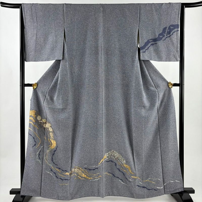 付下げ 身丈163cm 裄丈65cm M 袷 菊 梅 金銀糸 刺繍 青灰色 正絹 秀品