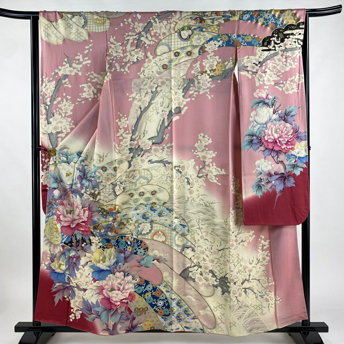 D383 振袖 鴛鴦 流水 金彩 正絹 着物 袷 振袖 身丈157.5cm 裄丈63.5cm S 袷 片端車 鴛鴦 金彩 金糸