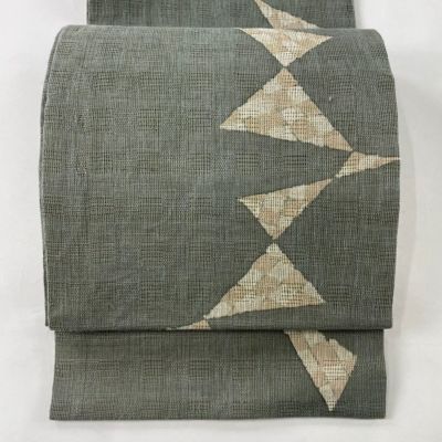 開き名古屋帯 秀品 夏帯 幾何学 灰緑 正絹|中古・古着 開き名古屋帯 秀品 夏帯 幾何学 灰緑 正絹|中古・古着