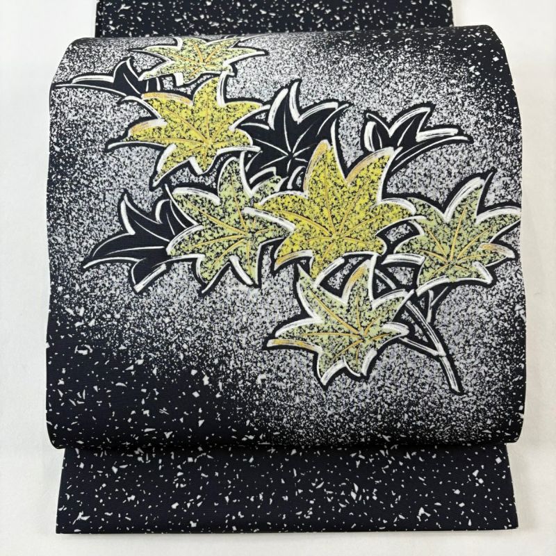 美品】 開き名古屋帯 名品 楓 金彩 黒 正絹｜中古・古着・リサイクル