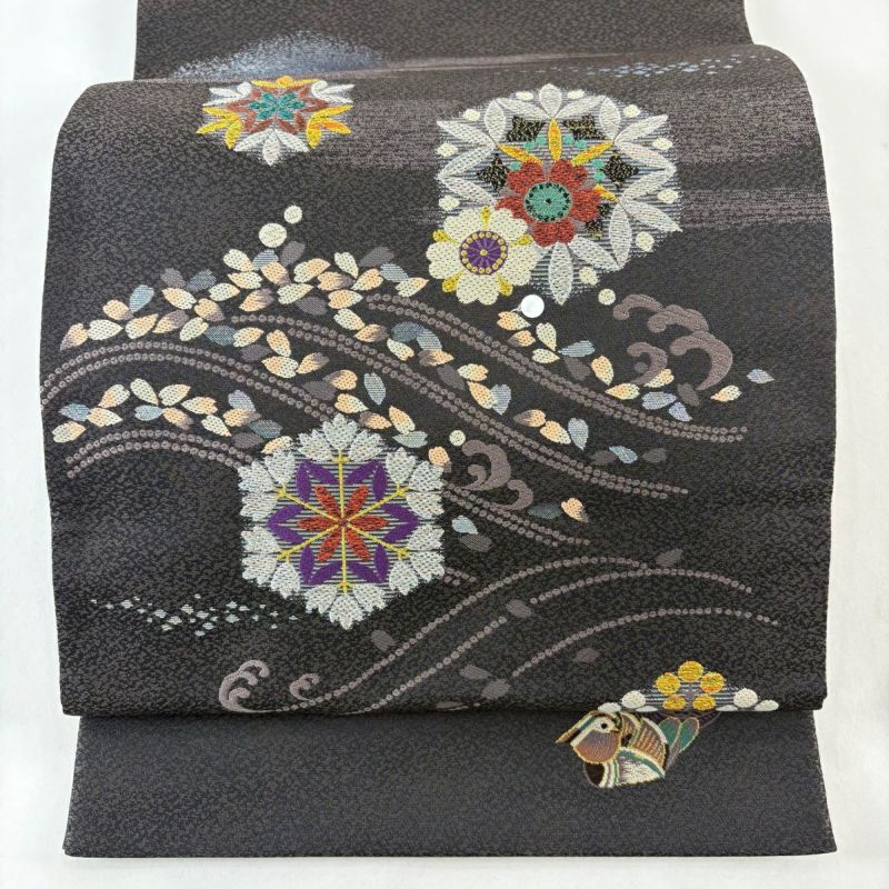 袋帯 名品 雪月花 鴛鴦 花びら 金銀糸 箔 茶紫 お太鼓柄 正絹｜中古