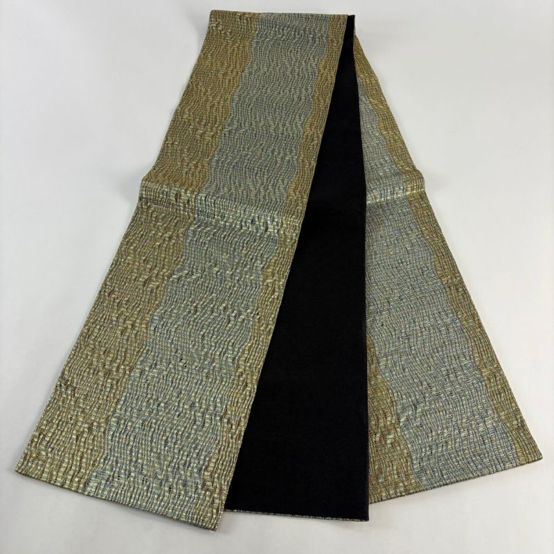 美品】 袋帯 名品 よろけ縞 縞 金銀糸 金色 全通 正絹｜中古・古着