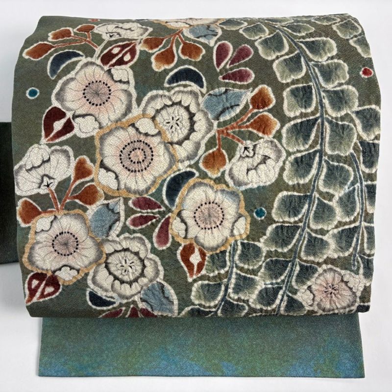 美品】 名古屋帯 名品 落款あり 辻が花柄 金通し 絞り 鶯色 正絹｜中古