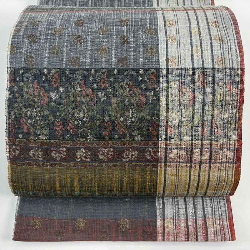 袋帯 名品 渡文 落款あり 草花 縞 金糸 灰色 お太鼓柄 正絹｜中古