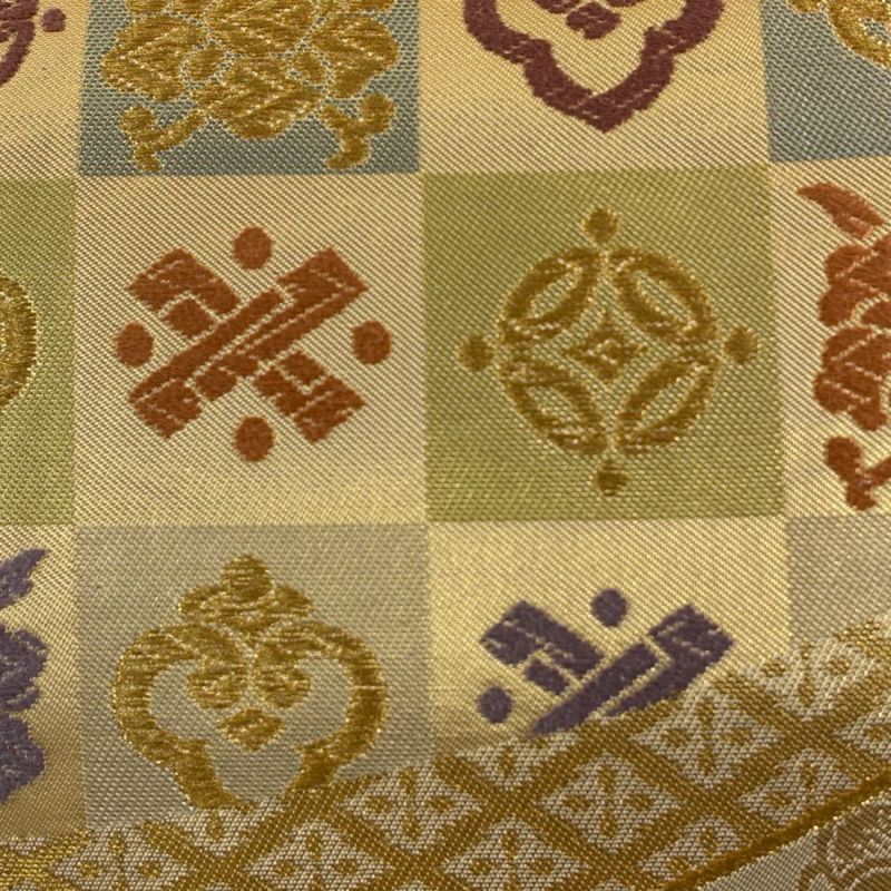 袋帯 名品 川島織物 落款あり 市松 草花 金糸 箔 金色 六通 正絹｜中古