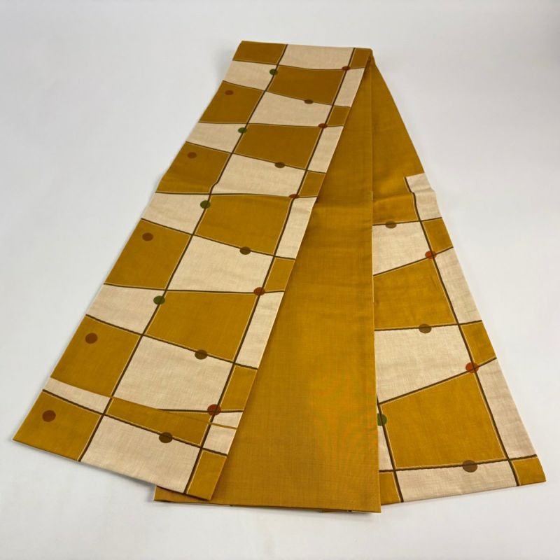 美品】 袋帯 名品 木屋太 落款あり 幾何学模様 山吹茶色 六通 正絹