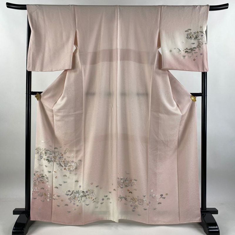 身長170㌢〜175㌢　訪問着 薄いピンク 花模様 金糸入り　帯、帯締めセット Wa de Modern】正絹帯揚げ 四君子 刺繍 白/金 日本製 振袖