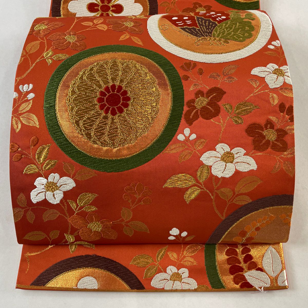 袋帯 美品 逸品 落款 河合美術織物 亀甲 菊 金銀糸 唐織 金色 六