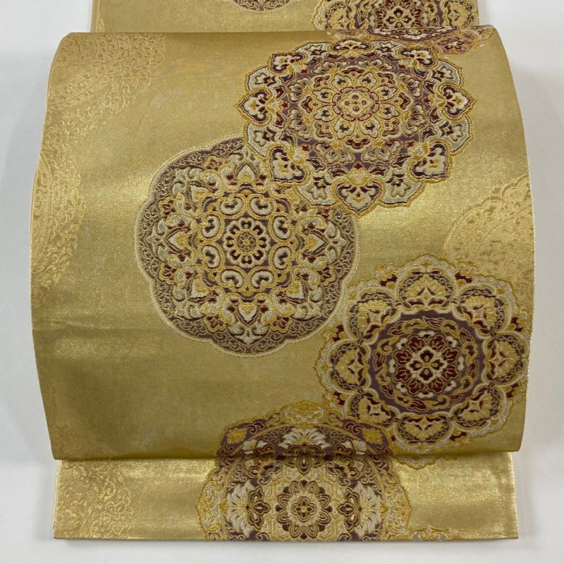 袋帯　6通帯　正絹　金銀糸 袋帯 美品 秀品 天平正倉華紋 金銀糸 箔 金色 六通 正絹｜中古