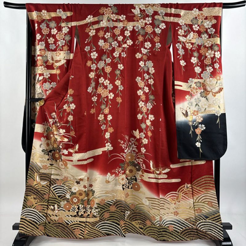 KP1782 振袖 身丈163cm 正絹 着物 成人式 振袖 身丈163cm 裄丈67.5cm L 袷 鈴乃屋 花車 蝶 金彩 染め分け