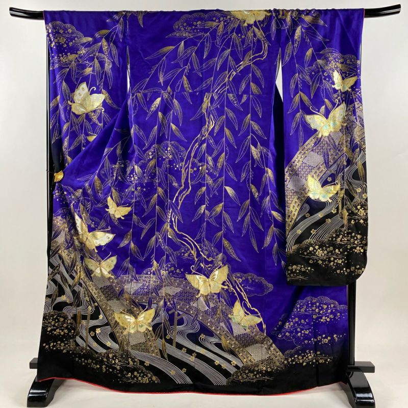 振袖 身丈168.5cm 裄丈68cm L 袷 蝶 橋 金銀彩 染め分け 紫 正絹