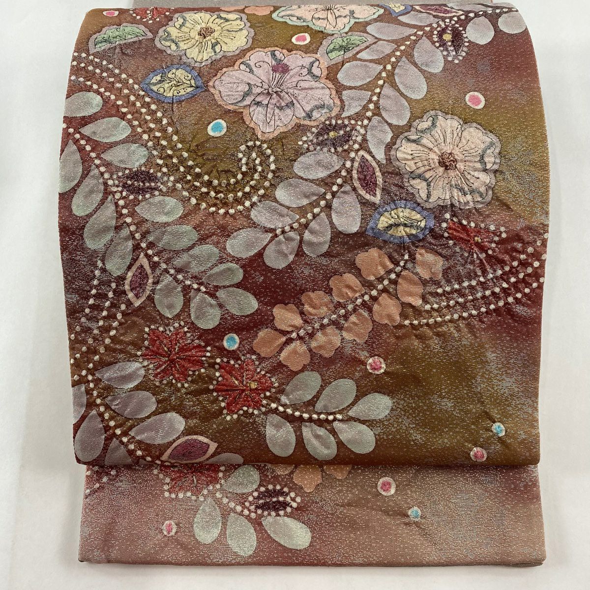 袋帯 美品 名品 落款あり 辻が花 箔 灰紫 お太鼓柄 正絹｜中古