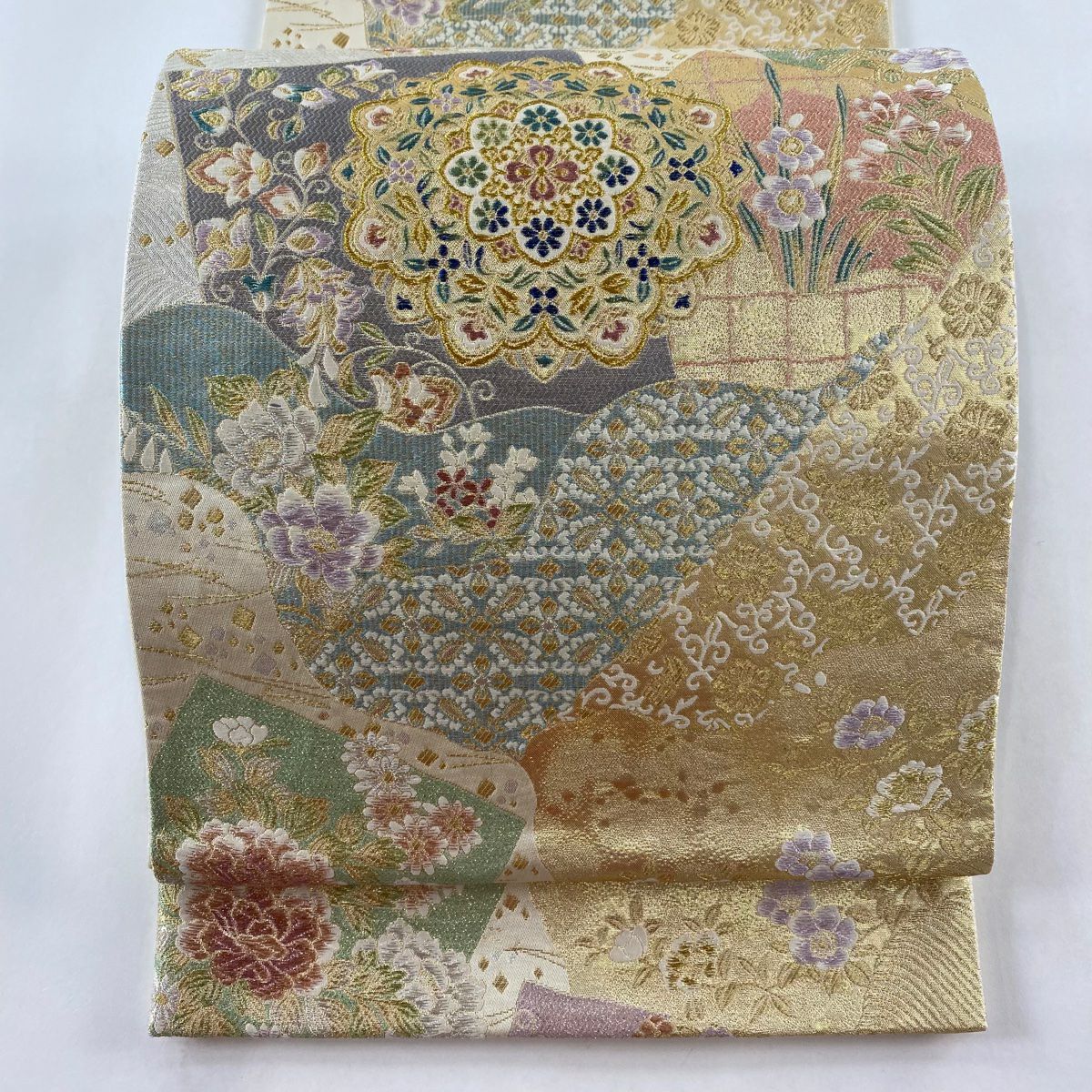 袋帯 美品 逸品 華文 寄せ柄 絽刺し 金銀糸 灰紫 全通 正絹|中古