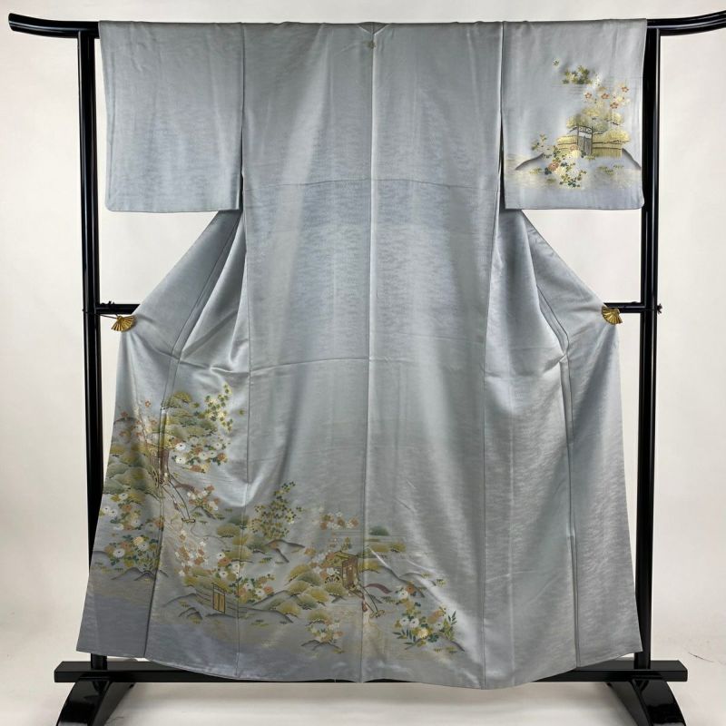 付下げ 身丈158cm 裄丈63cm S 袷 松竹梅 御所車 金彩 ぼかし 青