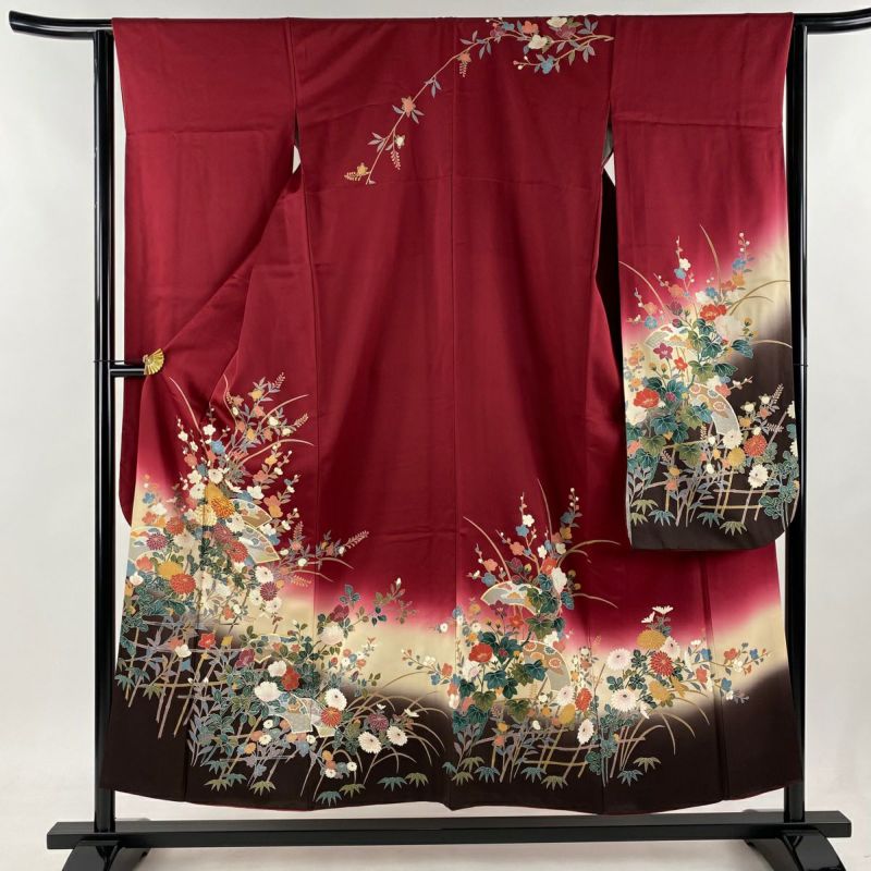 振袖 身丈152.5cm 裄丈64cm M 袷 やまと 菊 扇面 金糸 金銀彩