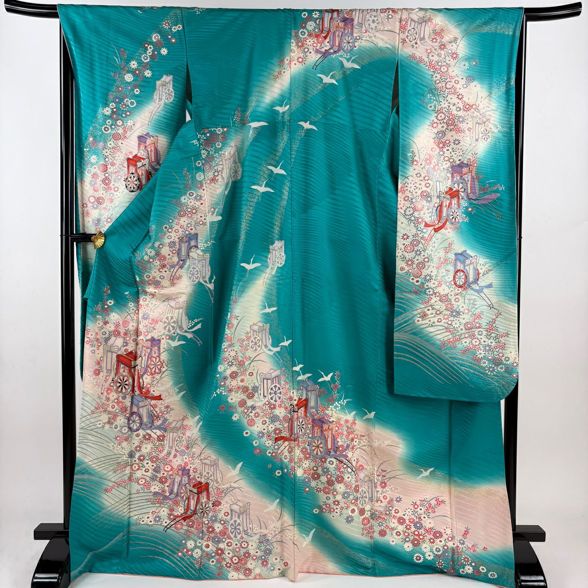 振袖 秀品 御所車 松竹梅 金銀彩 染め分け 朱色 袷 160cm 66cm M