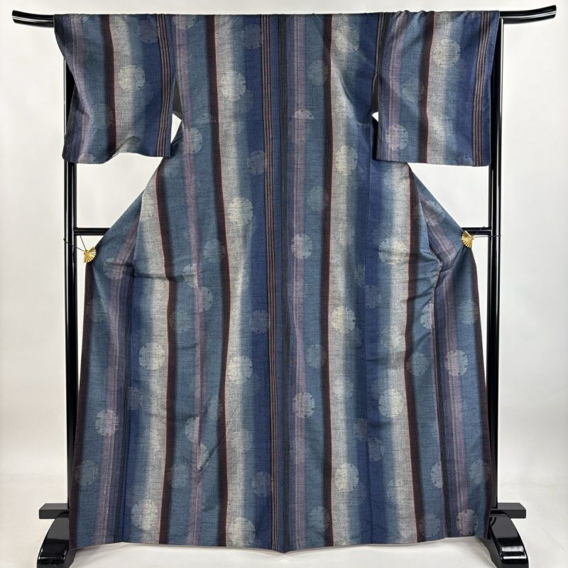 紬 身丈169cm 裄丈68cm L 袷 雪輪 縦縞 藍色 正絹 秀品｜中古