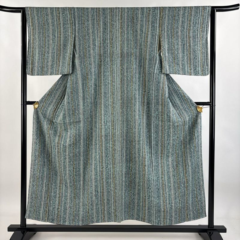 ★専用★美品 小紋 くすみグリーン 篠笛 身丈157.0cm 裄丈66.0cm 小紋 身丈154cm 裄丈63.5cm S 袷 縦縞 幾何学 灰緑 正絹 美品 秀