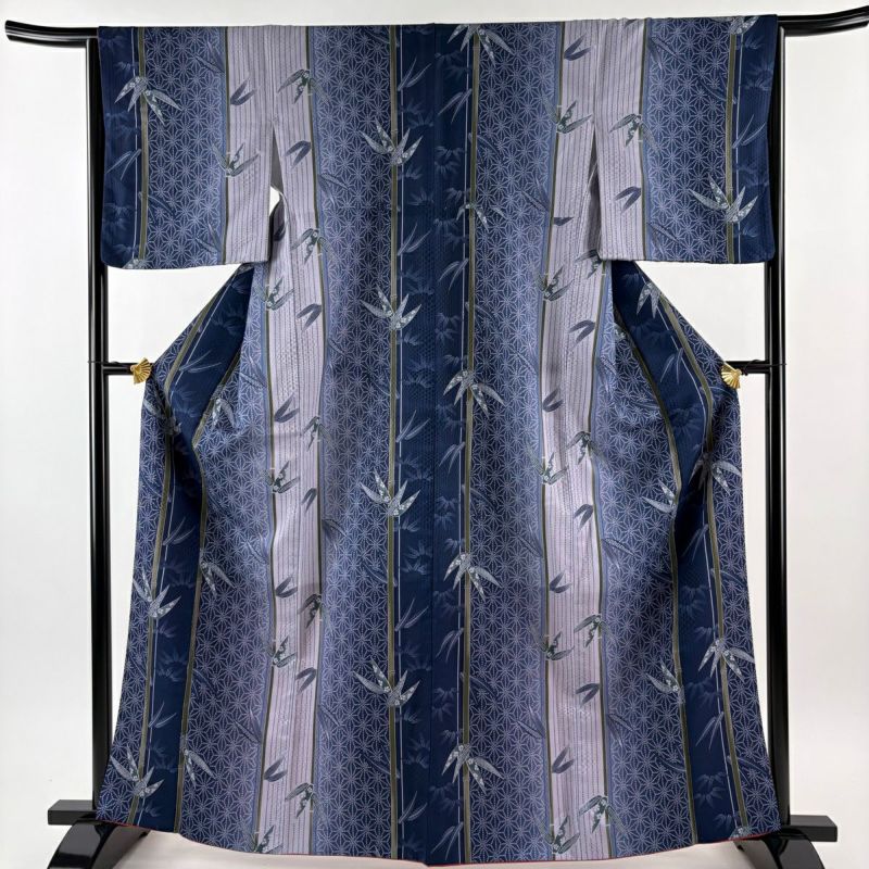 小紋 身丈164.5cm 裄丈65cm M 袷 洗える着物 竹 麻の葉 紺色 化繊 優品