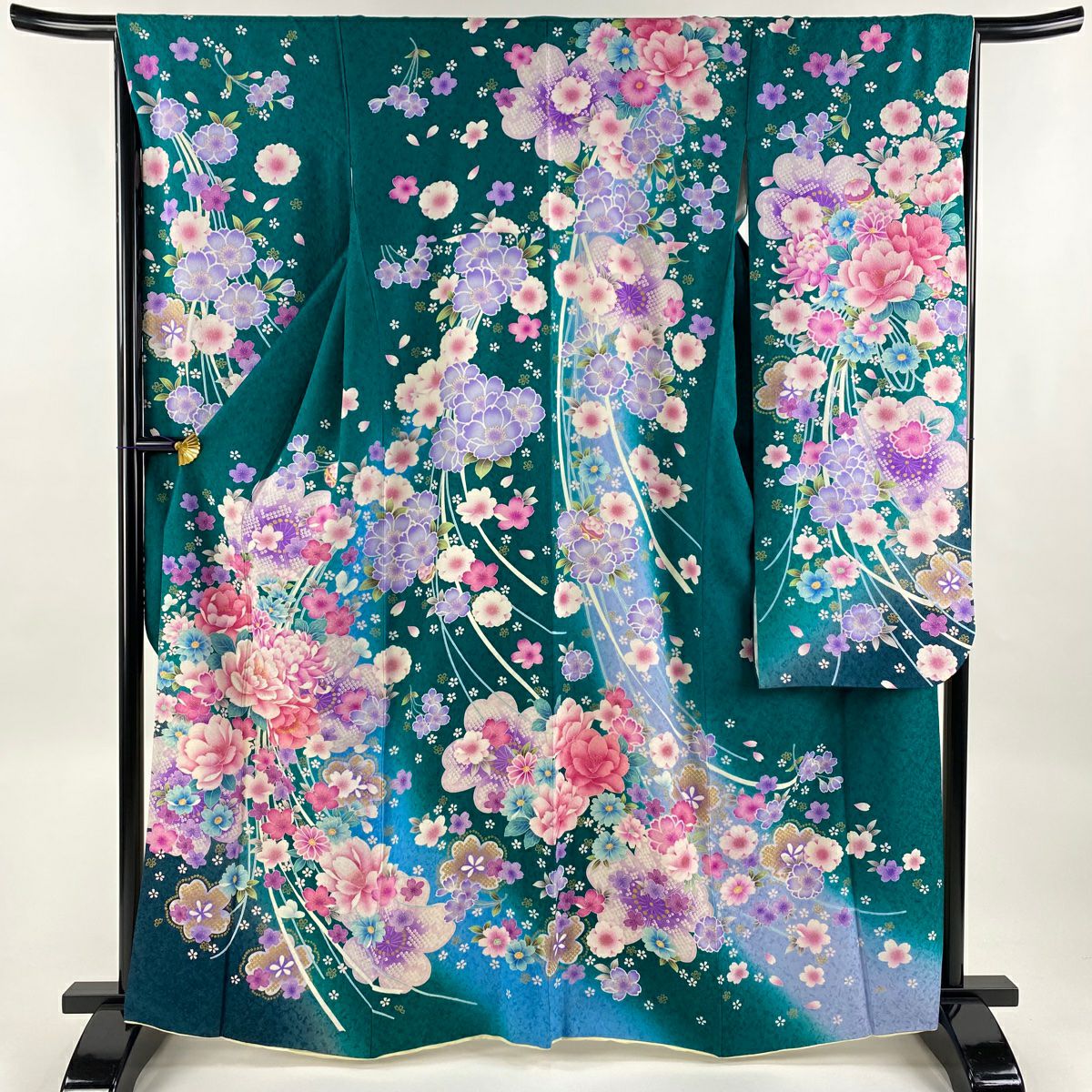 振袖フルセット 袷 牡丹 桜 ラメ 金銀彩 青緑 化繊 美品 振袖フルセット 袷 牡丹 桜 ラメ 金銀彩 青緑 化繊 美品