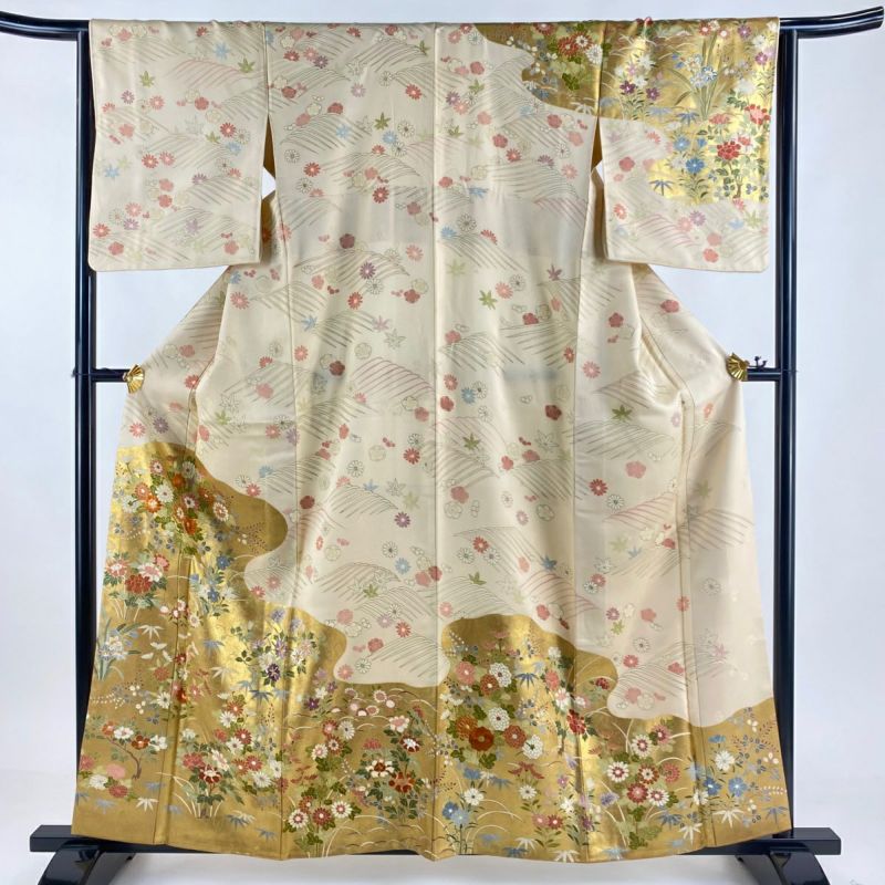訪問着 身丈160cm 裄丈65cm M 袷 草花 霞 刺繍 金糸 ベージュ
