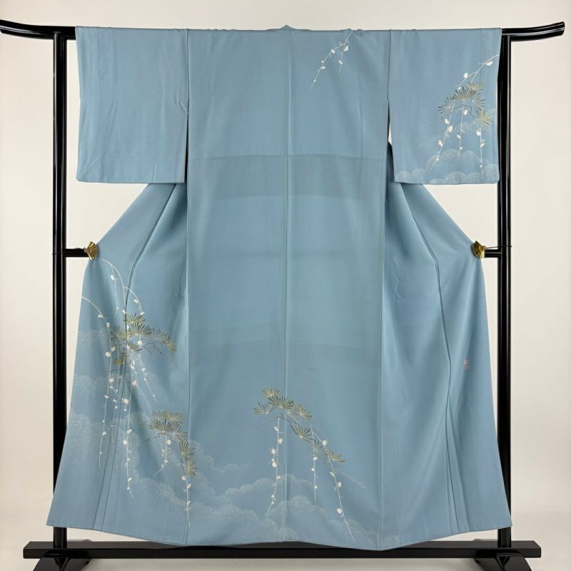 訪問着 身丈154.5cm 裄丈64.5cm M 袷 落款 枝花 葡萄 ぼかし 青灰色