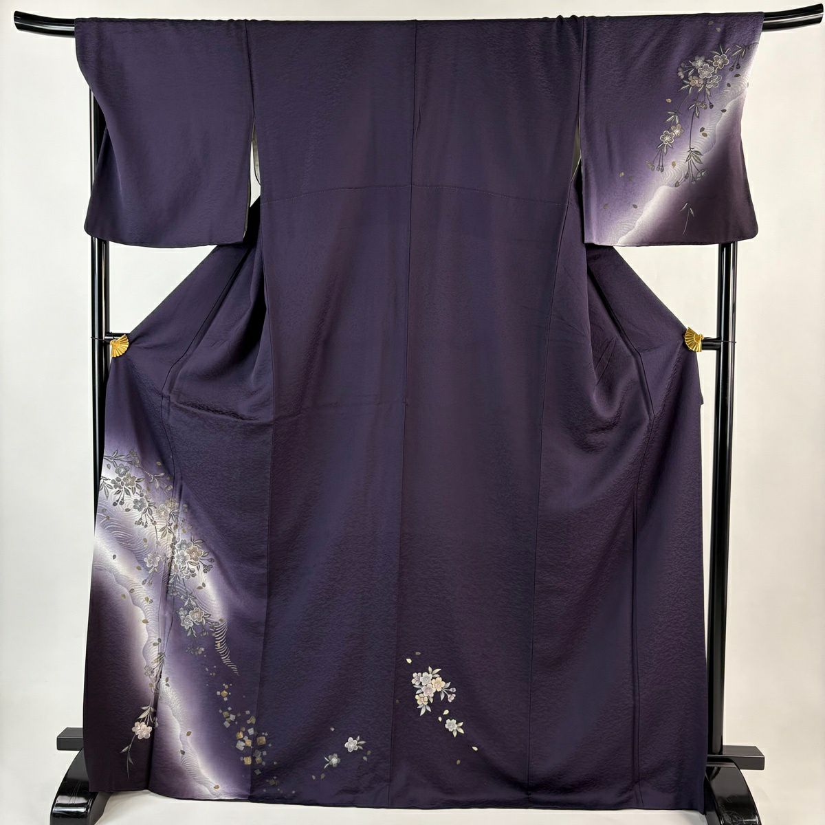 付下げ 身丈170.5cm 裄丈70cm L 袷 桜 流水 金銀彩 ぼかし 紫 正絹
