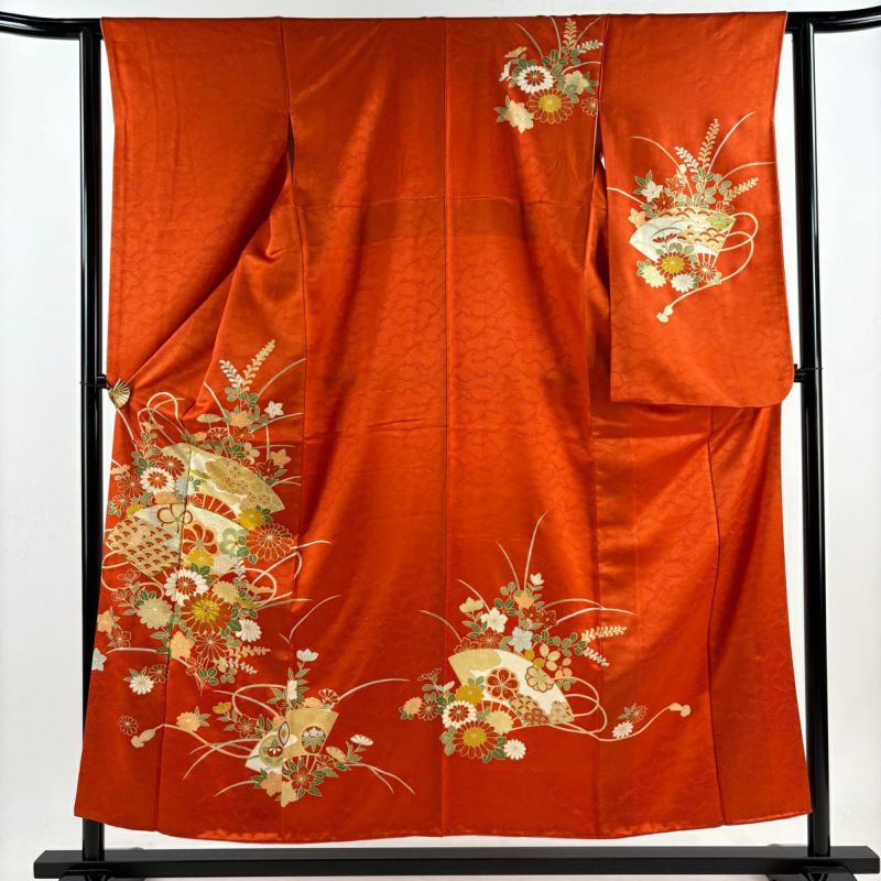 振袖 身丈155cm 裄丈61.5cm S 袷 二尺袖 扇 菊 金糸 金彩 朱色