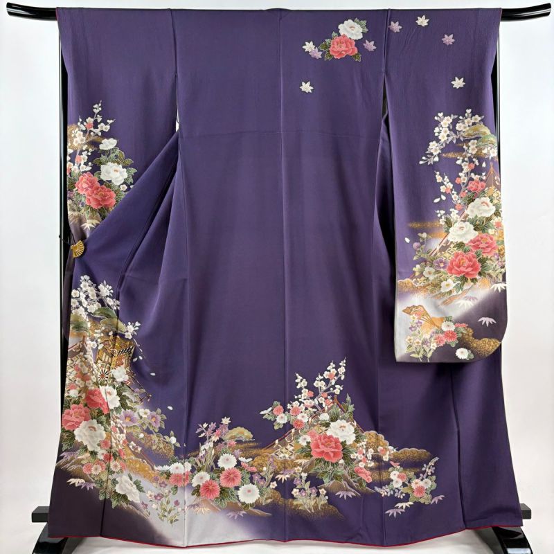 KP1763 振袖 身丈160cm 正絹 着物 成人式 超美品 正絹 現代振袖 成人式 着物 正絹 160㎝ 黒 松 桜 - メルカリ