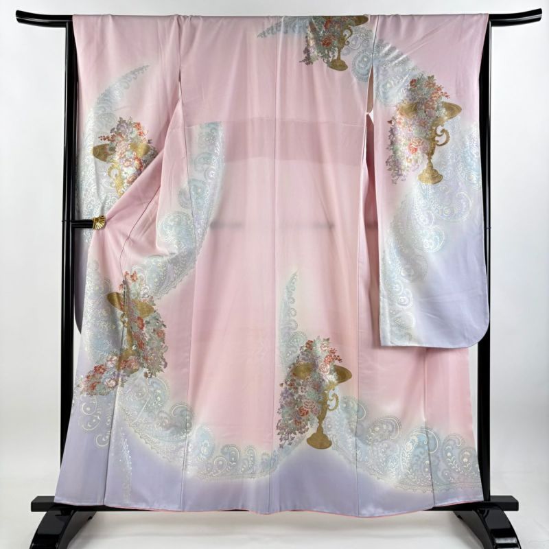振袖 身丈159cm 裄丈68cm L 袷 花器 草花 金銀彩 ぼかし ピンク