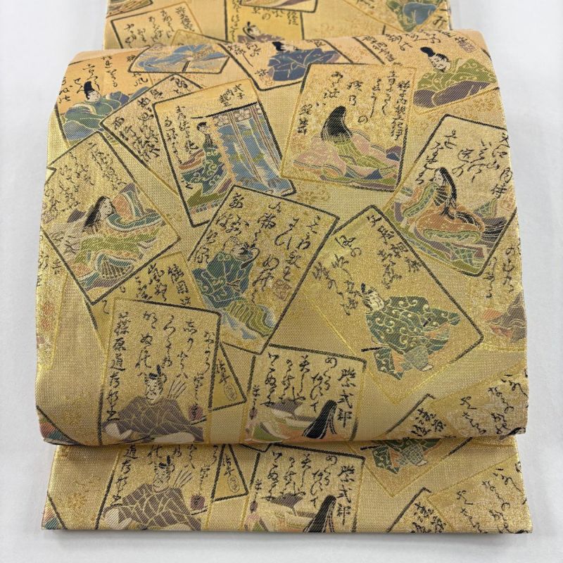 丸帯 名品 証紙あり かるた 人物 金糸 箔 金色 六通 正絹｜中古・古着