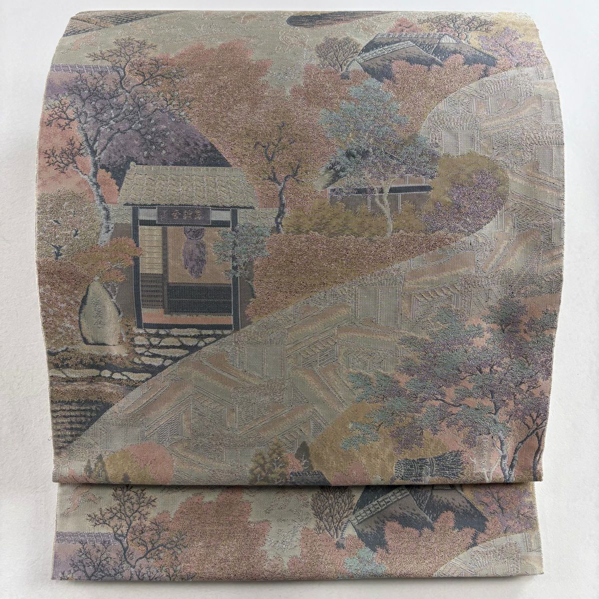 正絹袋帯 飛鶴 枝梅 椿 地紙 流水 草花 六通帯 未使用