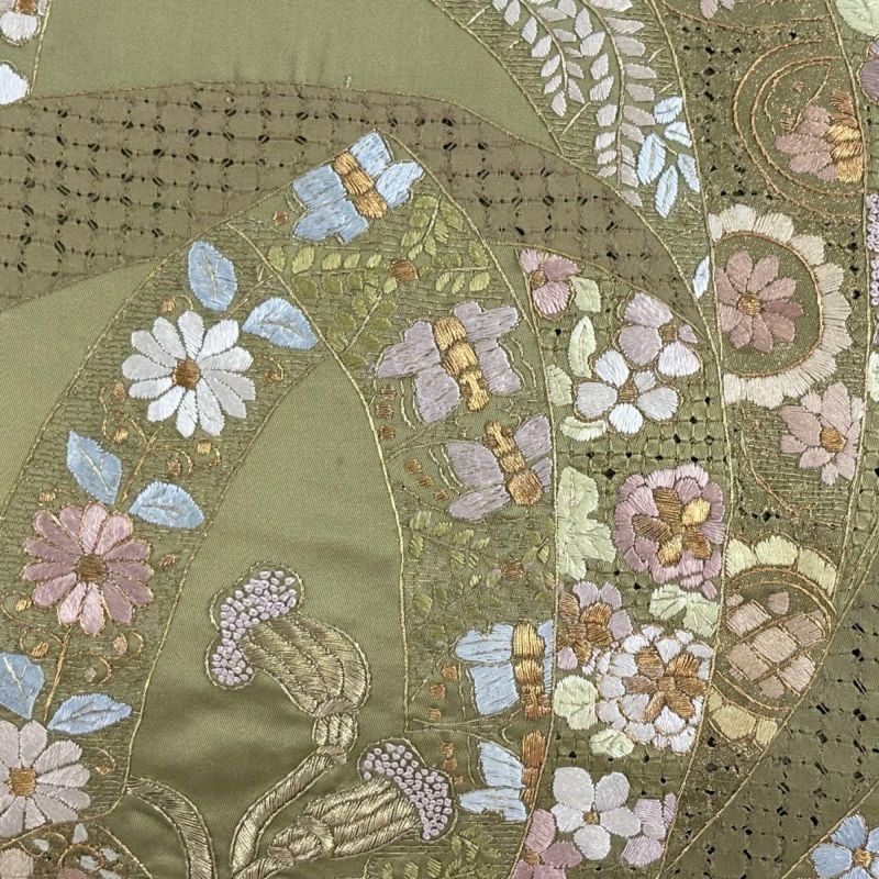 美品】 袋帯 逸品 束ね熨斗 草花 刺繍 金糸 鶯色 六通 正絹｜中古