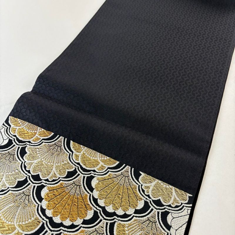 美品】 袋帯 名品 菊青海波 金糸 唐織 黒 六通 正絹｜中古・古着