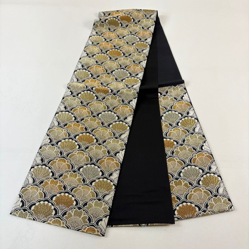 美品】 袋帯 名品 菊青海波 金糸 唐織 黒 六通 正絹｜中古・古着