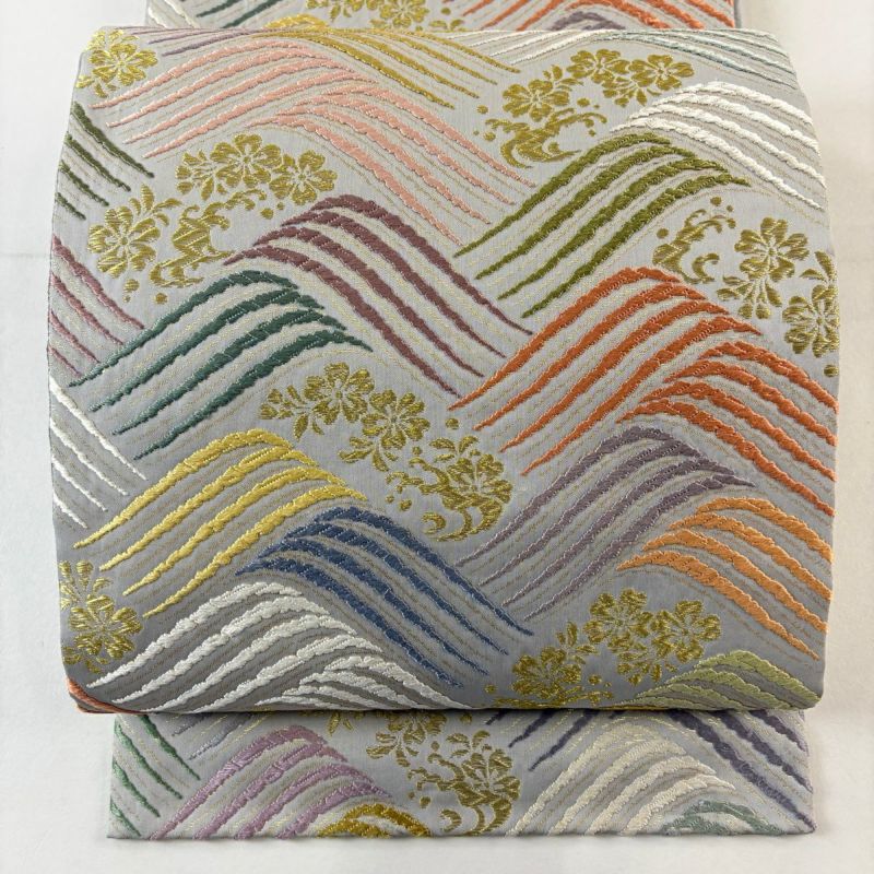 袋帯 名品 波 桜 唐織 金糸 灰色 六通 正絹｜中古・古着・リサイクル