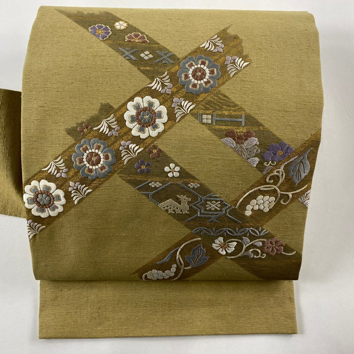 名古屋帯 秀品 紬地 草花 刺繍 灰茶 正絹｜中古・古着