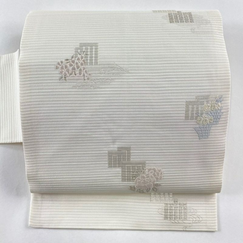 名古屋帯 美品 秀品 夏帯 絽 源氏香 草花 箔 唐織 クリーム 正絹