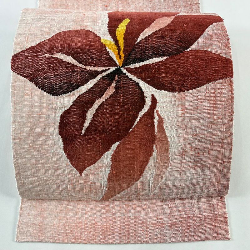 美品】 名古屋帯 優品 八寸名古屋帯 松葉仕立て 紬地 草花 茜色 正絹