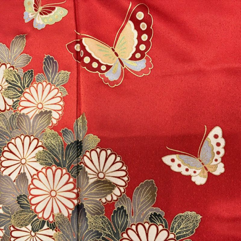 美品】 振袖 身丈161cm 裄丈66.5cm M 袷 菊 蝶々 金彩 染め分け 朱色