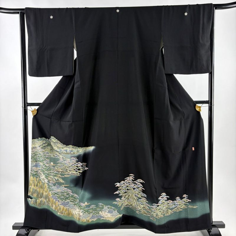 黒留袖 身丈159.5cm 裄丈64cm M 袷 落款あり 風景 舟 ぼかし 黒 正絹