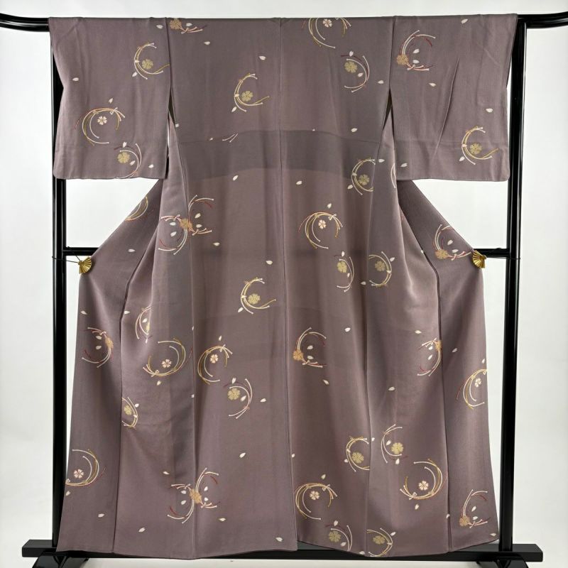 小紋 身丈157cm 裄丈65.5cm M 袷 桜 組紐 縮緬 灰紫 正絹 秀品｜中古