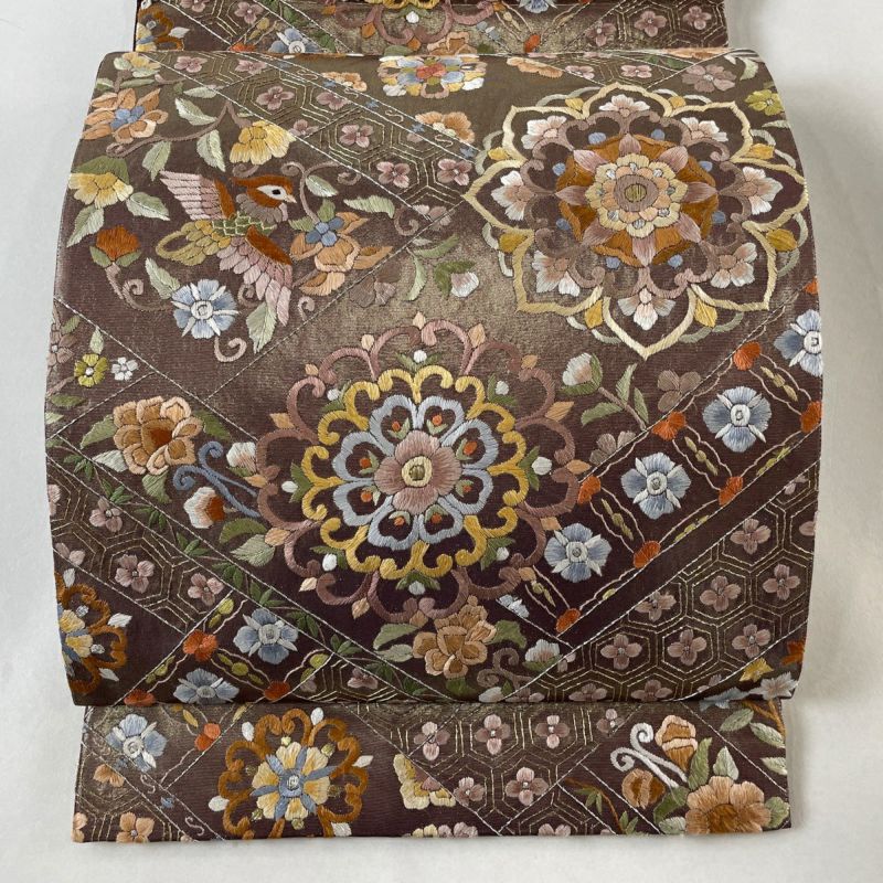 袋帯 美品 逸品 華文 花鳥 刺繍 金銀糸 茶紫 六通 正絹｜中古