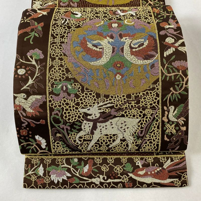 低価格 草花 動物 逸品 美品 袋帯 金糸 正絹｜中古 六通 焦茶色 刺繍 着物・浴衣