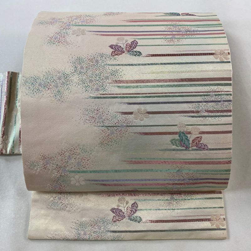 正絹 名古屋帯 弥栄織物 軽量帯 モダン図案 ピンククリーム 逸品 美品 正絹 名古屋帯 弥栄織物 軽量帯 モダン図案 ピンククリーム 逸品 美品