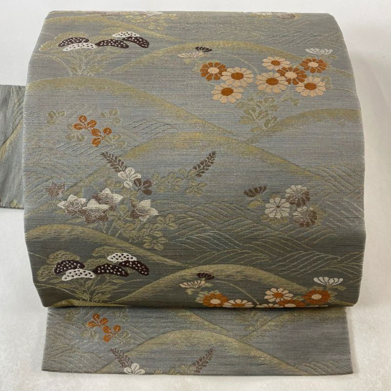 名古屋帯 美品 優品 秋草 菊 金糸 灰色 正絹｜中古・古着