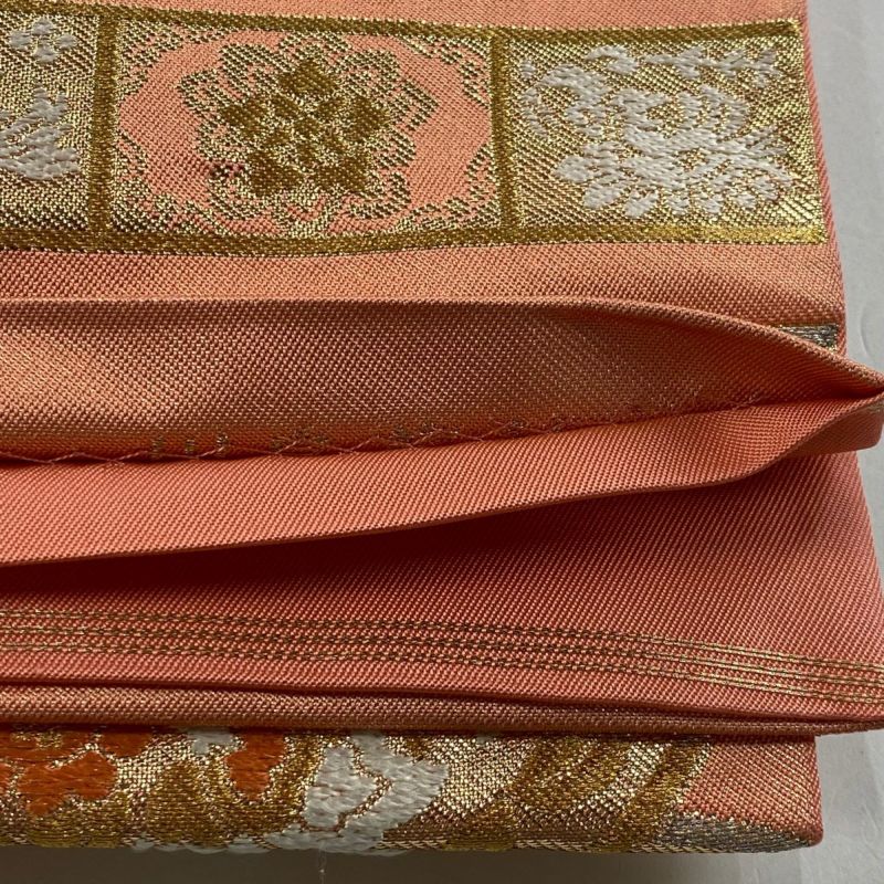 専用帯2536 ●川島織物謹製 高級 正絹 六通 袋帯 華文 花文 袋帯 美品 名品 川島織物 落款 華文 段縞 箔 金糸 金色 六通