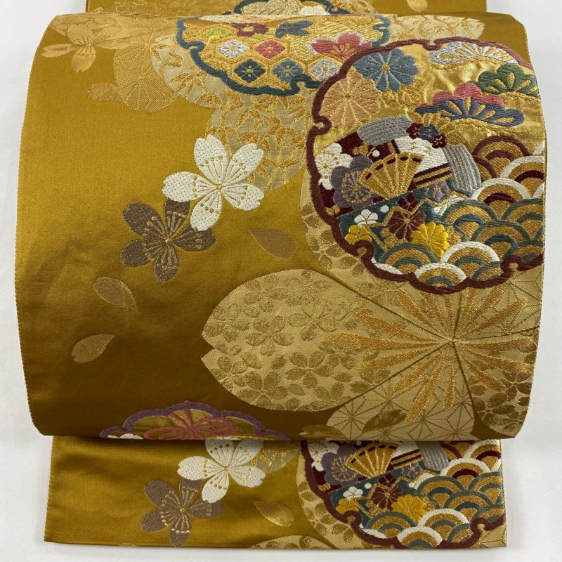 袋帯 美品 秀品 落款あり たかしま帯 雪輪 桜 刺繍 金銀糸 山吹