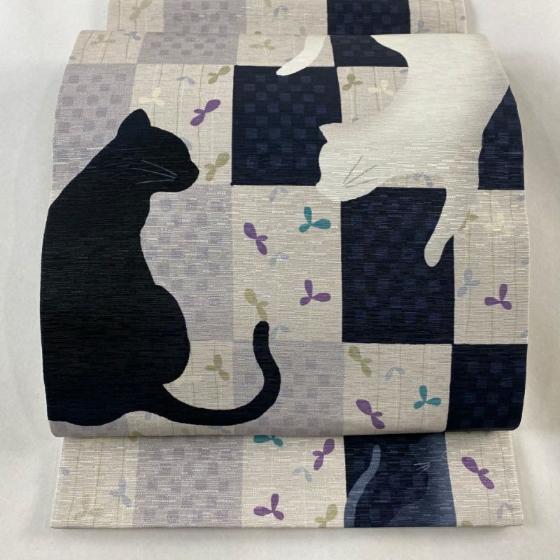 袋名古屋帯 美品 逸品 猫 市松 薄紫 正絹｜中古・古着
