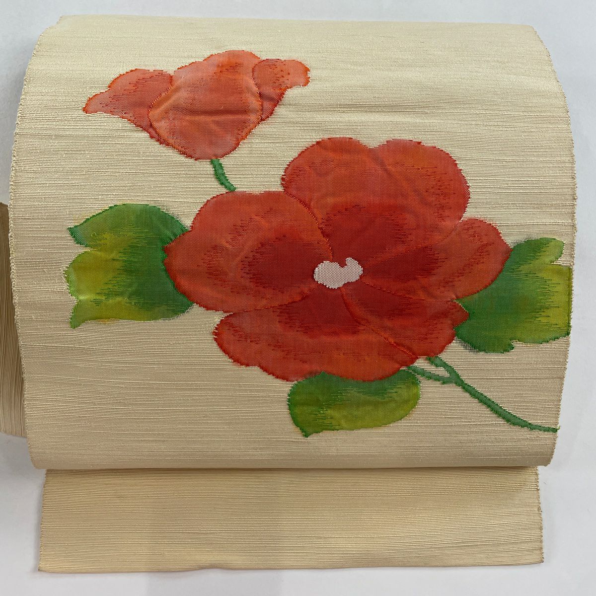 名古屋帯 美品 秀品 紬地 八寸名古屋帯 草花 クリーム 正絹 名古屋帯 美品 秀品 紬地 八寸名古屋帯 草花 クリーム 正絹